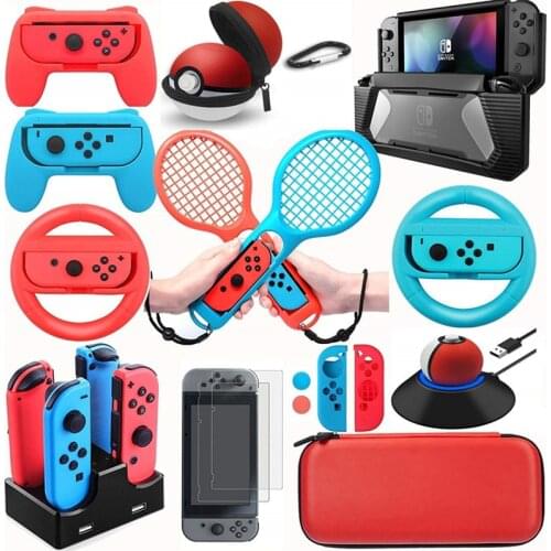 Accessories Kits for Nintendo Switch NS Games Starter Wheel Grip Caps Carrying Case Screen Protector Bundle Controller Charger