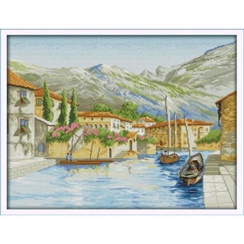 A lake side town cross stitch kit 14ct 11ct count printed canvas stitching embroidery DIY handmade needlework