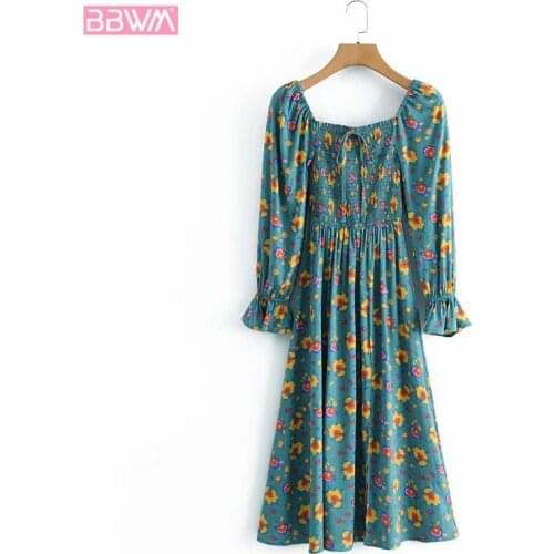 New Spring Womens Clothing Vintage Fashion Square Collar Long Sleeves Thin Waist Floral Print Dress Chic Female Dresses