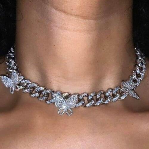 New bling bling 5A cz pave cuban chain choker necklace with pink white butterfly charm paved choker necklace jewelry for hip hop