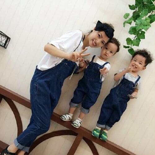 Mother and Daughter Clothes Family Clothing Mom Son Outfits Harem Pants Capri Denim Overallls Jeans Jumpsuit Brother Sister Set