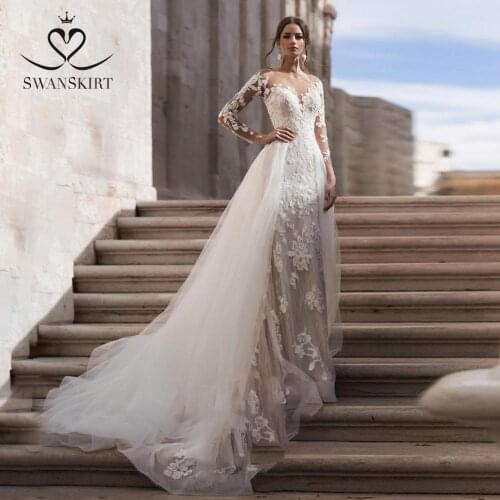 Long Sleeve Detachable Train Wedding Dress SwanSarah N151 Sweetheart Appliques Lace Mermaid Princess Bride Gown Vestido De Noiva