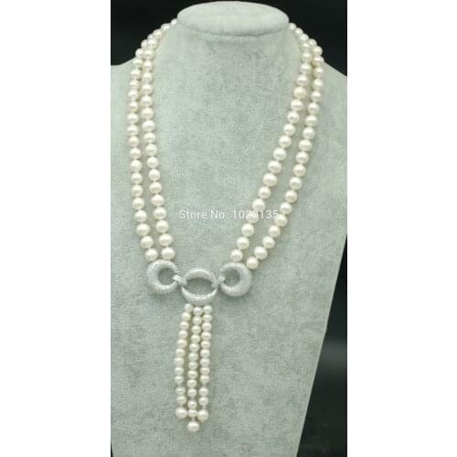 2rows freshwater pearl white near round necklace 19-22inch wholesale 8-9mm 5-6mm
