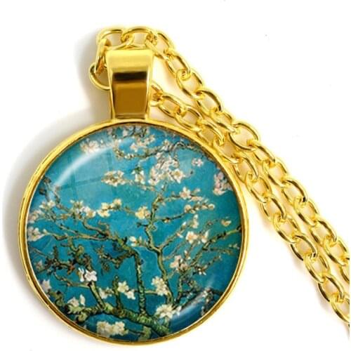 Van Gogh Almond Branch Flowering Art Necklace Sunflowers Art Vintage Goden-plated Glass Cabochon Pendant Jewelry For Women Girls