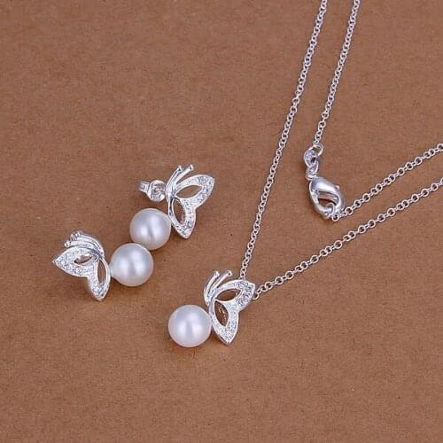 S198 Wholesale, free shipping r jewelry set, fashion jewelry set White Butterfly-Pearlr plated