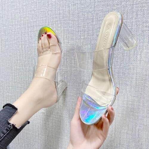 PVC Transparent Woman Sandals 2021 Summer Shoes Weave Open Toe Fashion Women Crystal High Heel Sandals Casual Outside Flip Flop