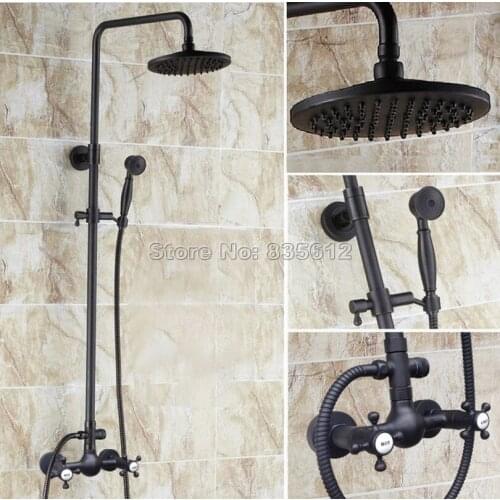 Wall Mounted Black Oil Rubbed Bronze Rain Shower Faucet Set & Bathroom Dual Handles Mixer Taps + Handheld Shower Head Wrs493