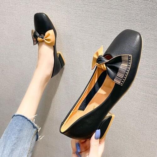 Women Bow Knot Pumps Female Office Loafers Ladies Platform Low Heels Womens PU Leather Shoes Woman Slip On Footwear