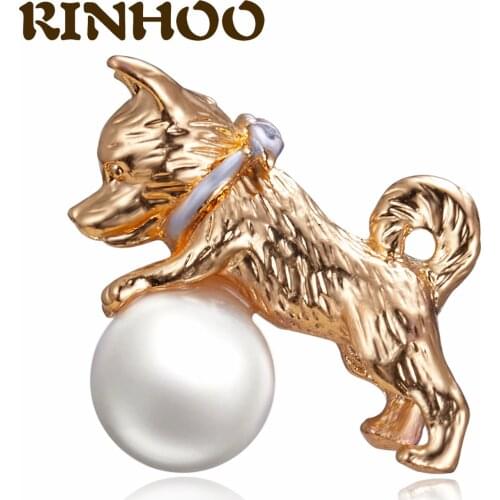RINHOO Cute Small Dog Brooches for Women Pearl ball Enamel Animal Brooch Lapel Collar Pin Coat Bijouterie Broches Kids Gift