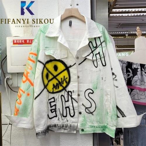 Graffiti Print White Denim Jacket Women Pocket Lapel Long Sleeve Hip Hop Jeans Jacket Female Streetwear Fashion Loose Jeans Coat