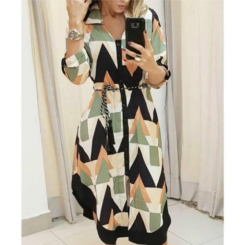 Women Autumn Streetwear Belted Shirt Style OL Dress Long Sleeve Wave Print Long Sleeve Casual Dress Plus Size S-2XL
