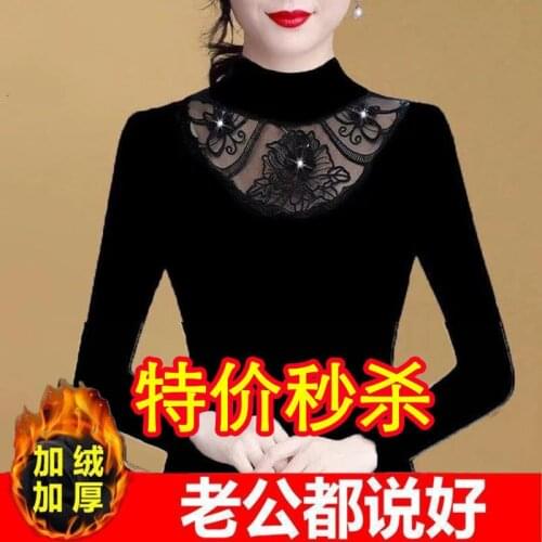 Woman Tshirts Black High Collar Lace Autumn and Winter Large Size Long-Sleeved T-shirt Top for Women Tops Mujer Camisetas