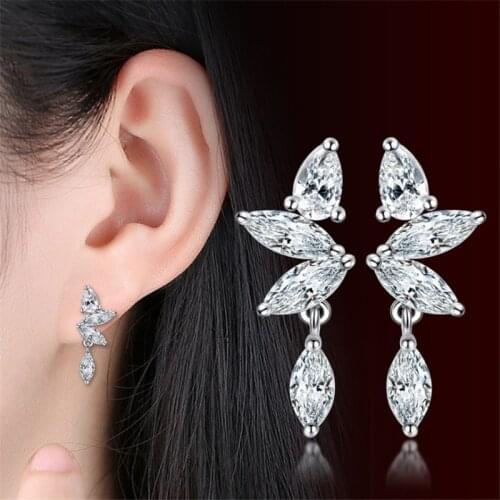 1 Pair Womens Elegant Leaves Shape Drop Inlaid AAA Zircon Ear Stud Earrings Ladies Fashion Jewelry Jewelry E0772