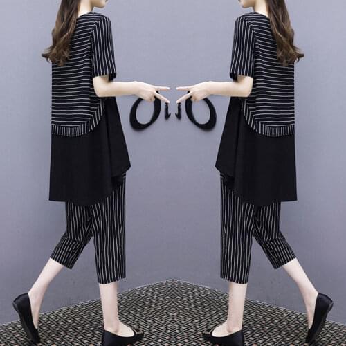 Women 2021 New Summer Fashion Large Size Printing Short-sleeve Chiffon Shirt + Casual Pants Suits Two-piece Sets M-5XL X180