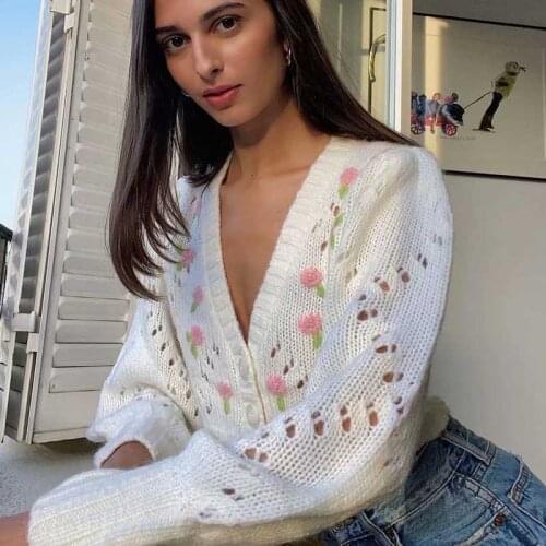 BOHO INSPIRED New Women Winter white Sweater And Cardigans Floral Embroidery Hollow Out Knit long sleeve crop Cardigans women