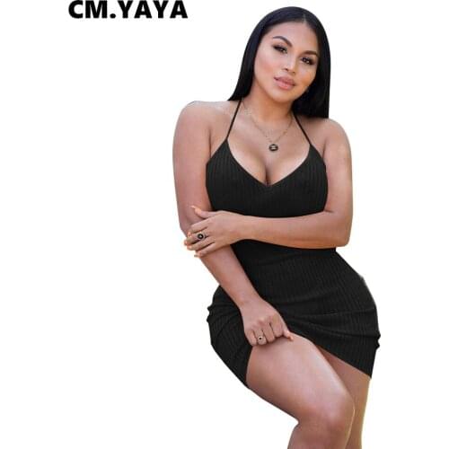 CM.YAYA Women Mini Dress Solid Sleeveless Bandage Halter V-neck Bodycon Stretchy Dresses Sexy Night Clubwear Summer Outfits 2021