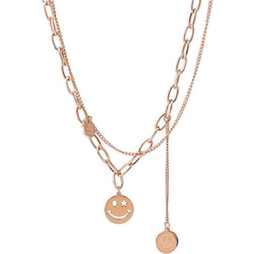 Titanium Steel Gold Necklace Ladies Light Luxury Double Smiley Collarbone Chain Birthday Christmas Gift