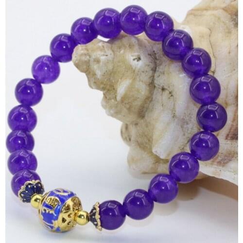 Bohemia style purple semi-precious stone jades 8mm round beads bracelet chalcedony cloisonne elegant women jewelry 7.5inch B2695