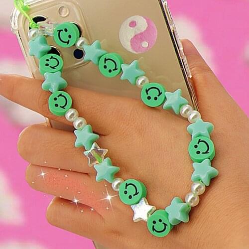 90s Aesthetic Pink Bead Star Smiley Phone Chain for Women Harajuku Cute Vintage INS Keychain Charms Accessories Friends Gifts