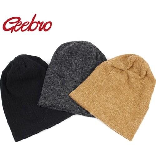 Geebro Women Winter Cotton Ribbed Beanies Hat Autumn Warmer Slouchy Knitted Hat Ladies Stretch Striped Baggy Skullies Gorros