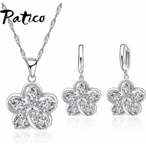 18" Chain Jewelry 925 Sterling Silver Flower Pendant Necklace Fashion CZ Crystal Hoop Earrings Jewelry Sets Party Gifts