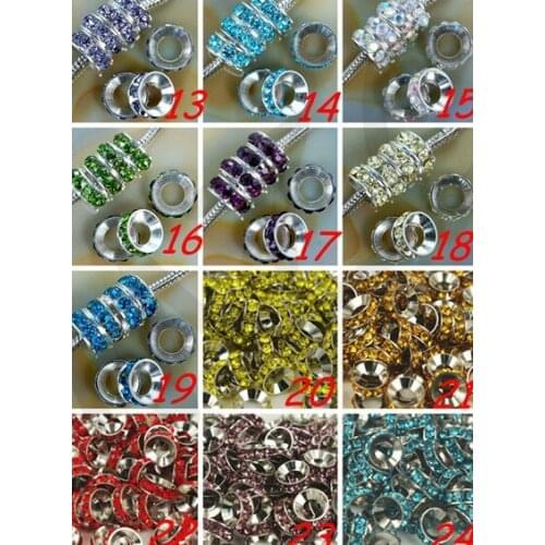 Can choose color hr3 10mm Green Rhinestone Crystal Rondelle Spacer Beads Lot,Rhodium Plated Big Hole European Beads