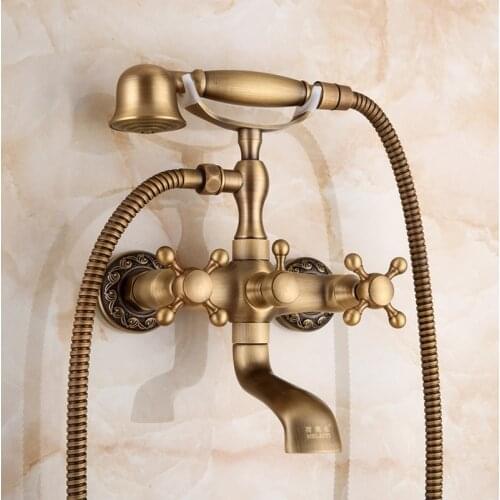 IMPEU Wall-mount Two Handles Bathtub Faucet with Hand Shower, Handheld Shower Bracket, Antique Bronze Finish
