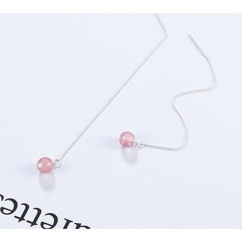 Real 925 Sterling Silver Strawberry Quartz Dangle Earrings For Women Statement Korean Chain Drop Earring Fine Jewelry Party Gift