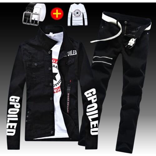 New Spring Autumn Mens Casual Jeans Jacket Pants 2pcs Set Slim Fit Holes Denim Coat Pencil Trousers Boys Clothing S-3XL D85