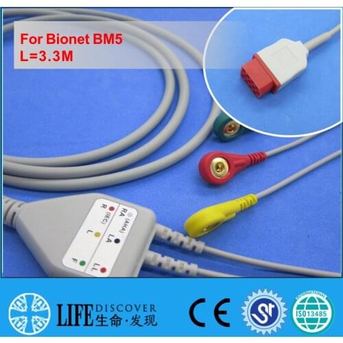 One piece ECG cable with 3 snap lead wires for Bionet BM5 patient monitor
