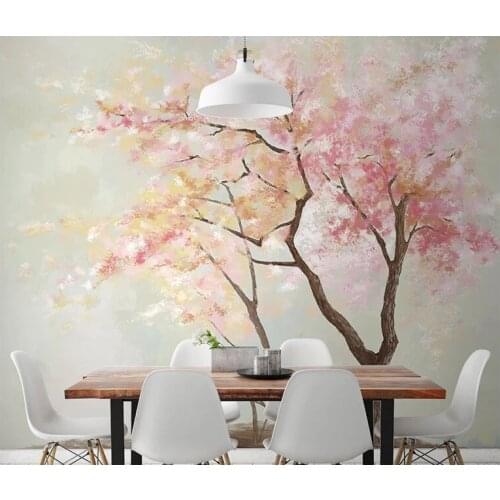 Custom Hand-painting Pink Trees Self Adhesive Wallpapers Girls Room Dinning Room 3d Tree Murals Stickers Decor Art Waterproof
