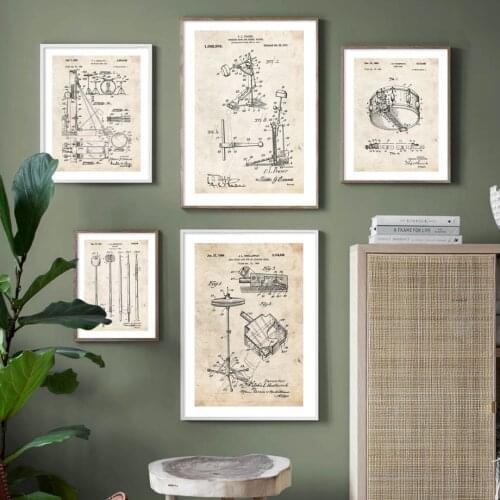 Nordic Retro Poster Drum Kit Patent Drawing Art Print Canvas Painting Drummer Decorative Painting Living Music Room