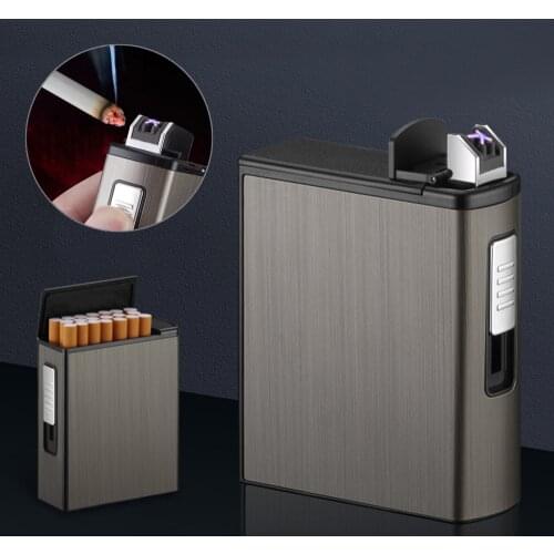 20Pcs Capacity Metal Cigarette Case Box With USB Lighter Windproof Rechargeable Cigarette Holder Replaceable Wire Gadget For Men