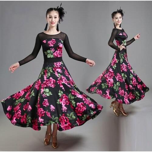 High-End Sexy WomenS Professional Ballroom Competition Dance Dress Black Long Sleeves Flower Dress Tango Waltz Dresses DWY2195