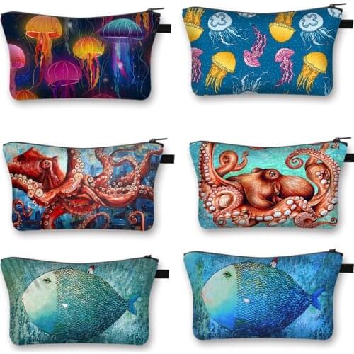 Octopus/ Jellyfish/ Seahorse Print Cosmetic Bag Woman Makeup Bags Girls Storage Bags Ladies Cosmetic Organizers Bag Mini Handbag