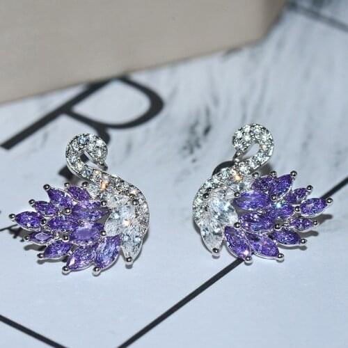 2019 New Korean Earrings Cute 925 Sterling Silver Bling Zircon CZ Stone Swan Stud Earrings for Women Fashion Jewelry