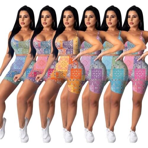 Sexy Bandana Tracksuit Women 2 Pieces Shorts Sets Spaghetti Strap Crop Top and Biker Shorts Summer Casual Clothing for 2021