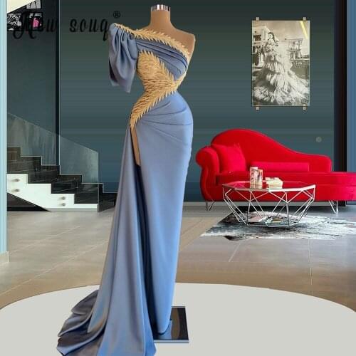 Elegant One Shoulder Light Blue Evening Dress 2021 Puff Sleeve Pleated Prom Gowns with Split Side Birthday Party Wear Long Robes
