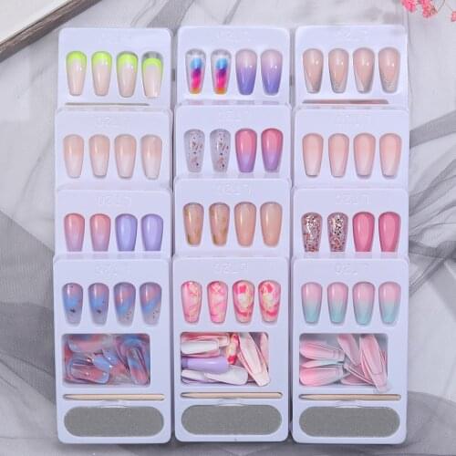 24Pcs/Set Detachable Long Coffin Fake Nails European Rainbow Ballerina Full Nail Art Tips Colorful Beauty Artificial False Nails