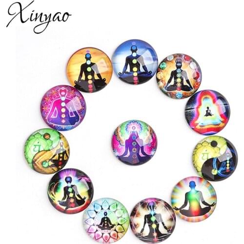 8mm/10mm/12mm/18mm/20mm/25mm 6 Chakras Buddha Meditation Round Glass Cabochon flatback Photo Cameo for DIY Jewelry Findings