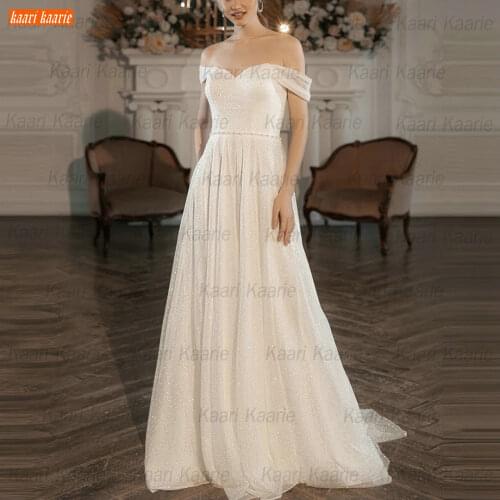 Glitter White Wedding Dress Bohemian A Line Tulle Slim Fit Boho Vestido De Noiva 2021 Bride Gowns Custom Made Robe De Mariage