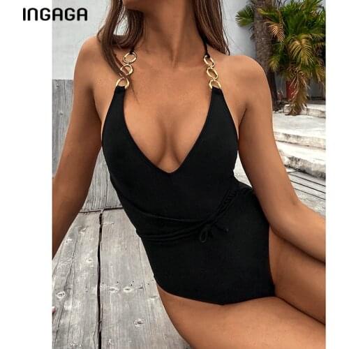 INGAGA Deep V Swimsuits One Piece High Cut Womens Swimwear 2021 Belted Bodysuits Sexy Ring Beachwear Backless Bathing Suitrs