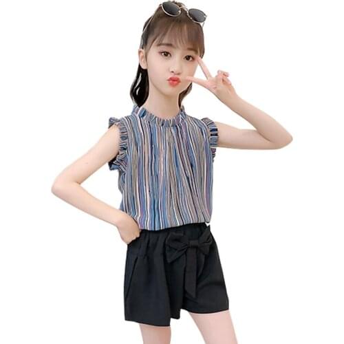 Children Clothes Striped Vest + Short Clothing For Girls Casual Girls Sets Clothing Summer Childrens Clothing 6 8 10 12 14