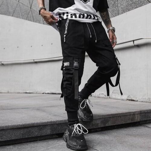 2019 Spring Hip Hop Joggers Men Black Harem Pants Multi-pocket Ribbons Man Sweatpants Streetwear Casual Mens Pants