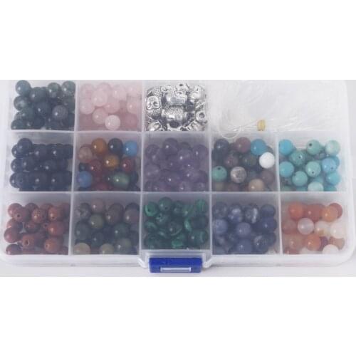 Hot Sale! Natural Stone Beads for Bracelets Making DIY Beads Set 8mm Dia, 276 pcs & 36pcs alloy beads & 5m Cord