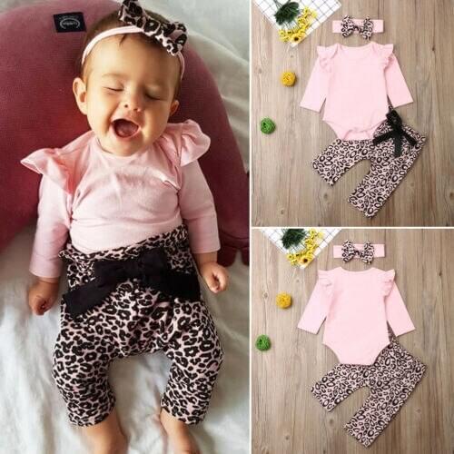 Newborn Baby Girl Ruffle Romper Leopard Trousers Headband Clothes Set Outfits Long Sleeve Knit Top Knot Pants Suit