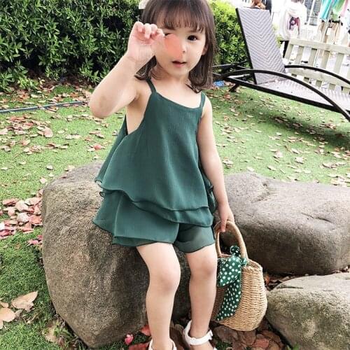 Childrens Clothing Sets 2021 Summer New Toddler Girl Cute Korean Chiffon Suits Ruffle Sling Shirt Short 2pcs Set For Girl 2-7 Y