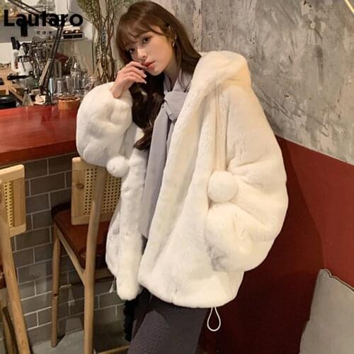 Lautaro Winter White Oversized Cute Warm Soft Faux Fur Coat Women with Hood Fluffy Jacket Korean Fashion 2021 Kawaii Clothes