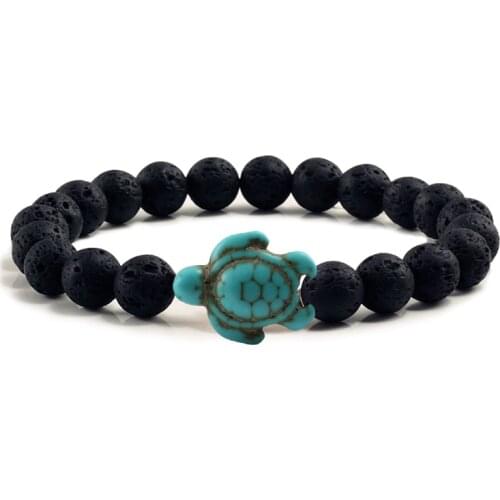Summer Beach Sea Turtle Beads Bracelet for Men Charm Black Lava Natural Stone Strand Bracelets Elastic Women Boho Jewelry Gifts