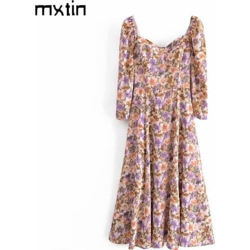 MXTIN 2021 Women Summer Vintage Floral Print Midi Dress Fashion V-Neck Long Sleeve Elasticity Female Party Dresses Vestidos